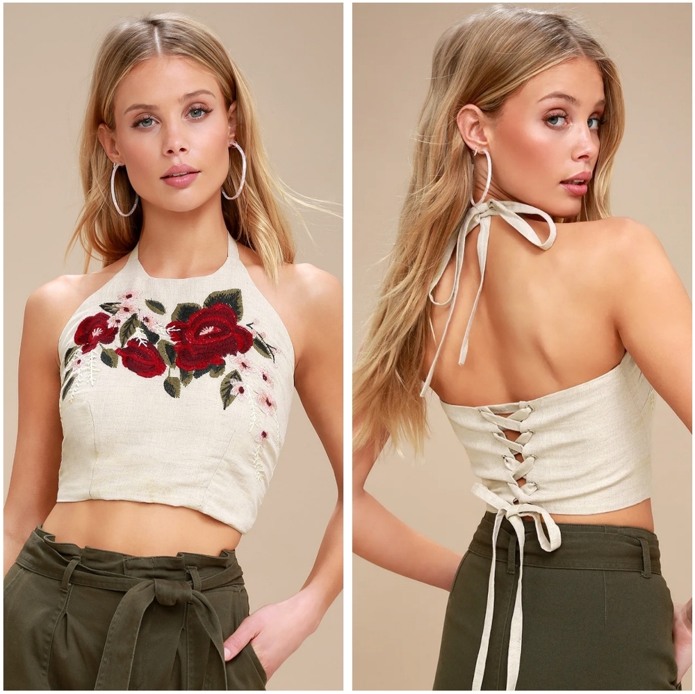 Off to the Races Beige Floral Embroidered Top